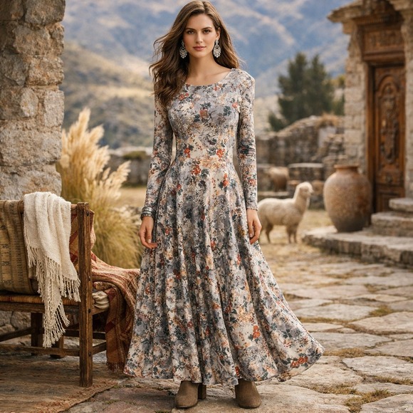Peruvian Connection Dresses & Skirts - Peruvian Connection Floral Paisley Pima Cotton Long Sleeve Maxi Dress Grey Small